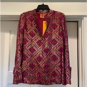 NWT Tory Burch Pink Hastings Plaid Chiffon Blouse Size 8